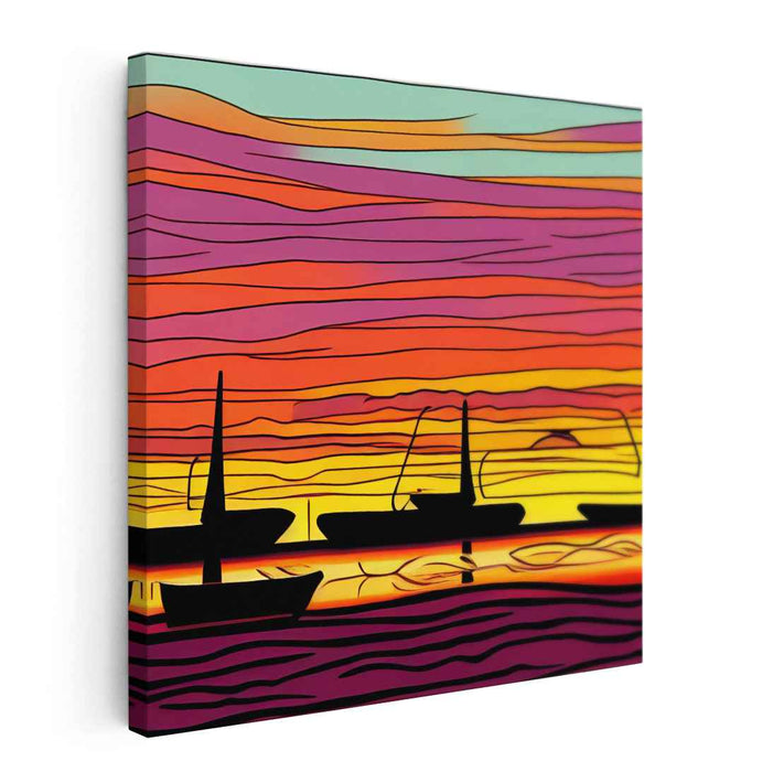 Line Art Sunset Boats #014