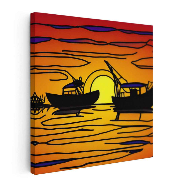 Urban Aquatic Shadows: Modern Silhouette Boat Canvas Art Print