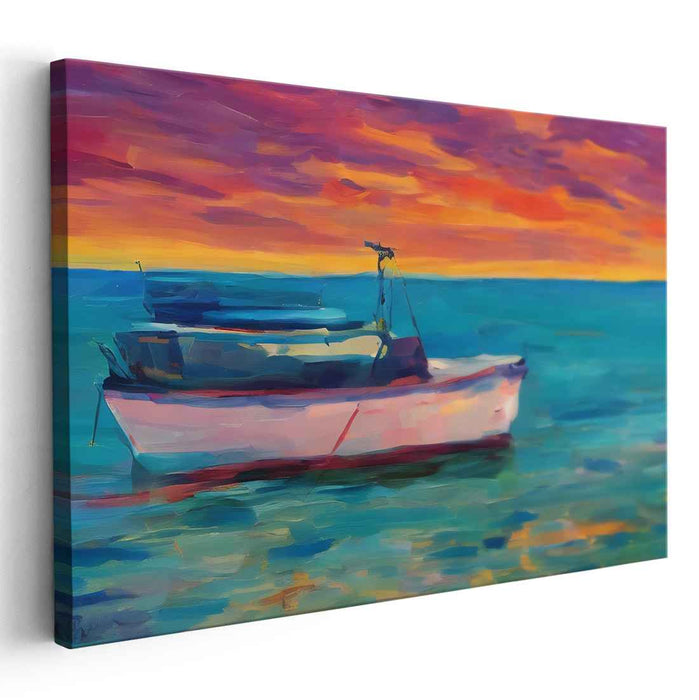 Water's Brushstroke Dance: Impressionist Boat on Serene Waters Canvas Art Print