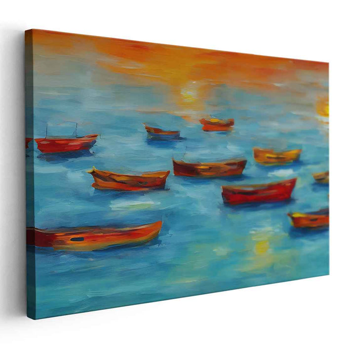 Tranquil Waters Impressions: Impressionist Boats on Tranquil Waters Canvas Art Print