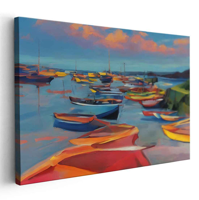 Chromatic Horizon Rhythms: Vivid Seascape with Colorful Boats Canvas Art Print