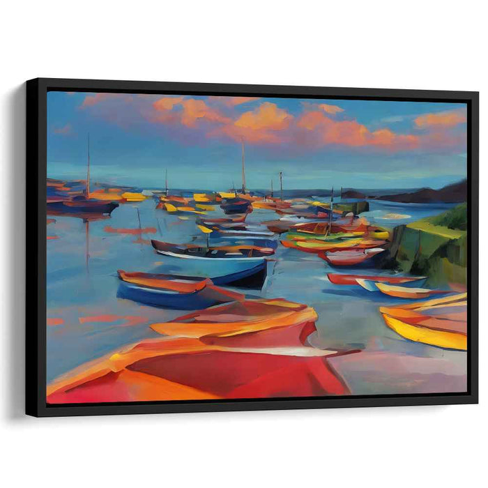 Chromatic Horizon Rhythms: Vivid Seascape with Colorful Boats Canvas Art Print