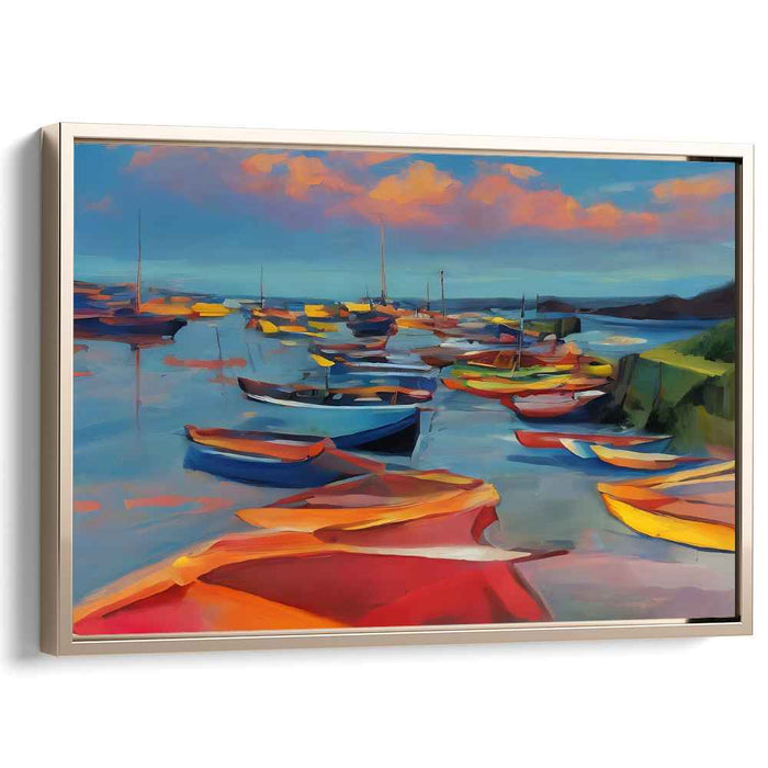 Chromatic Horizon Rhythms: Vivid Seascape with Colorful Boats Canvas Art Print