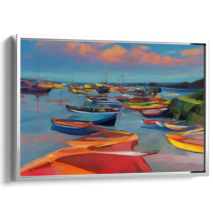 Chromatic Horizon Rhythms: Vivid Seascape with Colorful Boats Canvas Art Print