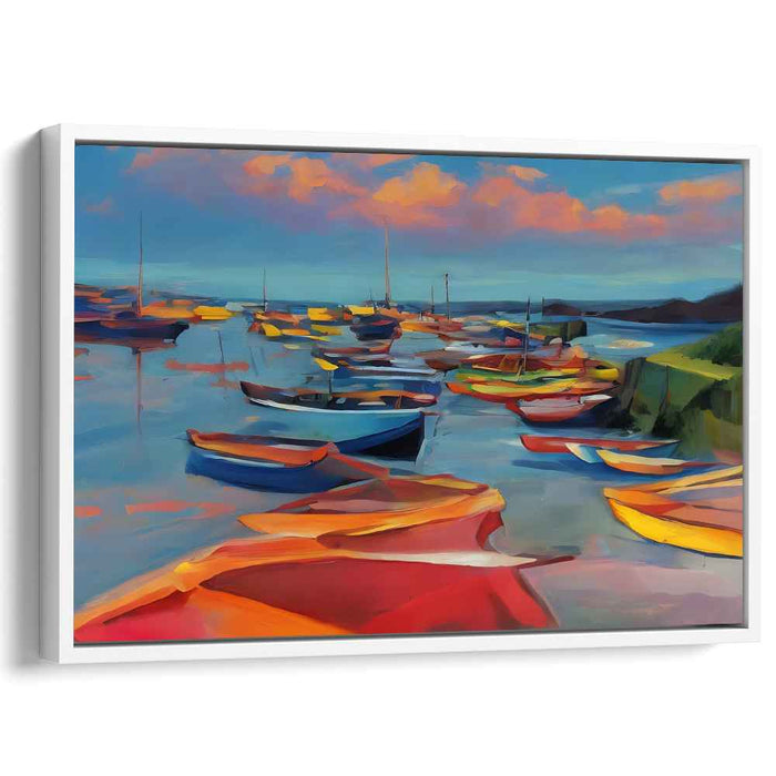 Chromatic Horizon Rhythms: Vivid Seascape with Colorful Boats Canvas Art Print