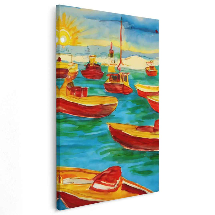 Sail Away Dreamscape Glow: Vivid Watercolor Boats at Sunset Canvas Art
