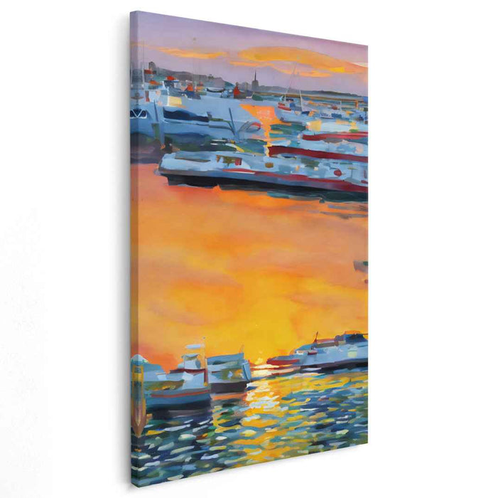 Harbor Sunset Glow: Tranquil Watercolor Marina at Dusk
