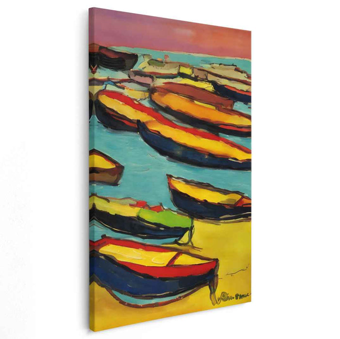 Sunset Shorelines Dance: Expressionist Boats on a Sunny Beach Canvas Art Print
