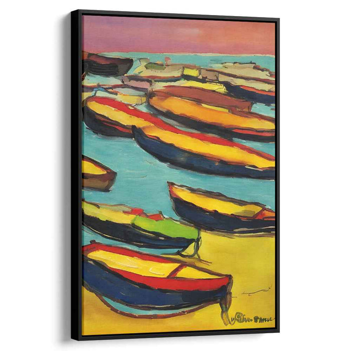 Sunset Shorelines Dance: Expressionist Boats on a Sunny Beach Canvas Art Print