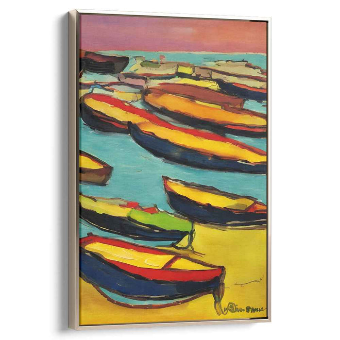 Sunset Shorelines Dance: Expressionist Boats on a Sunny Beach Canvas Art Print
