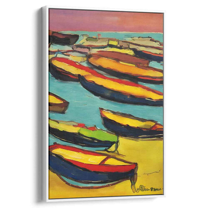 Sunset Shorelines Dance: Expressionist Boats on a Sunny Beach Canvas Art Print