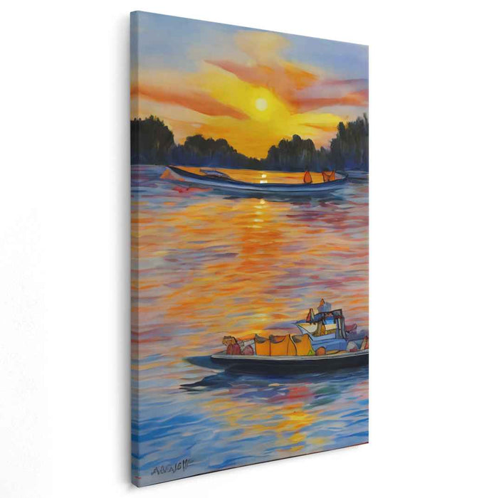 Sunset Serenity on the River: Vibrant Landscape Canvas Art