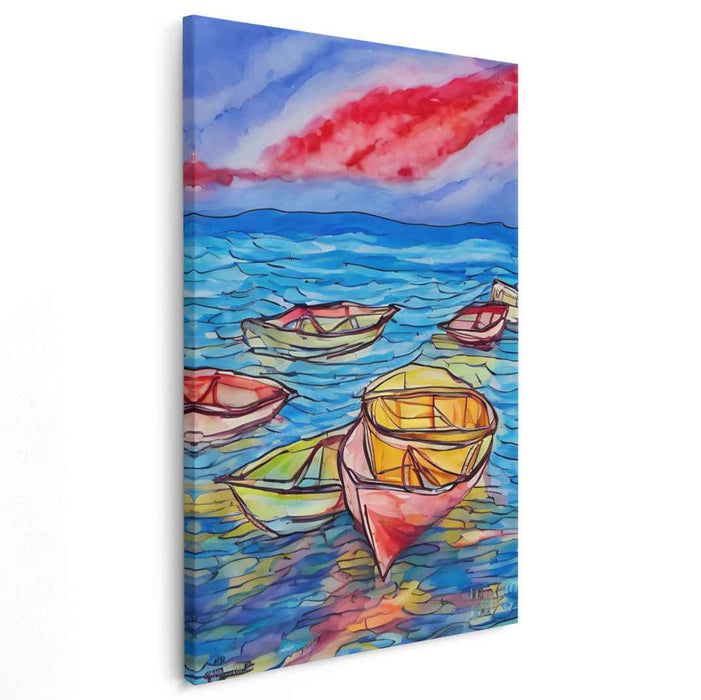 Serene Coastal Boats: Vibrant Watercolor Canvas Art Print