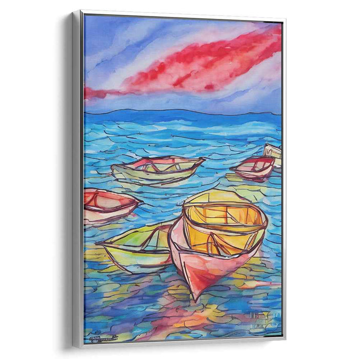 Serene Coastal Boats: Vibrant Watercolor Canvas Art Print