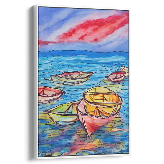 Serene Coastal Boats: Vibrant Watercolor Canvas Art Print
