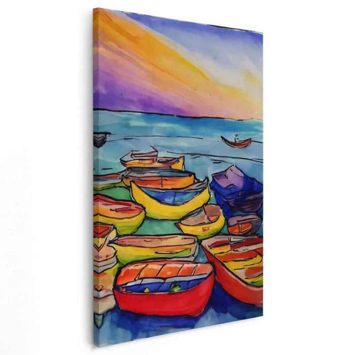 Sailing Through Stillness: Vibrant Boats on Tranquil Waters Watercolor Canvas Art