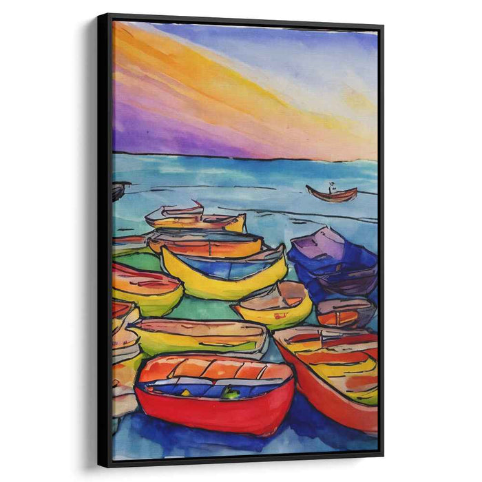 Sailing Through Stillness: Vibrant Boats on Tranquil Waters Watercolor Canvas Art