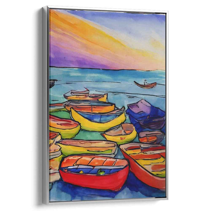 Sailing Through Stillness: Vibrant Boats on Tranquil Waters Watercolor Canvas Art