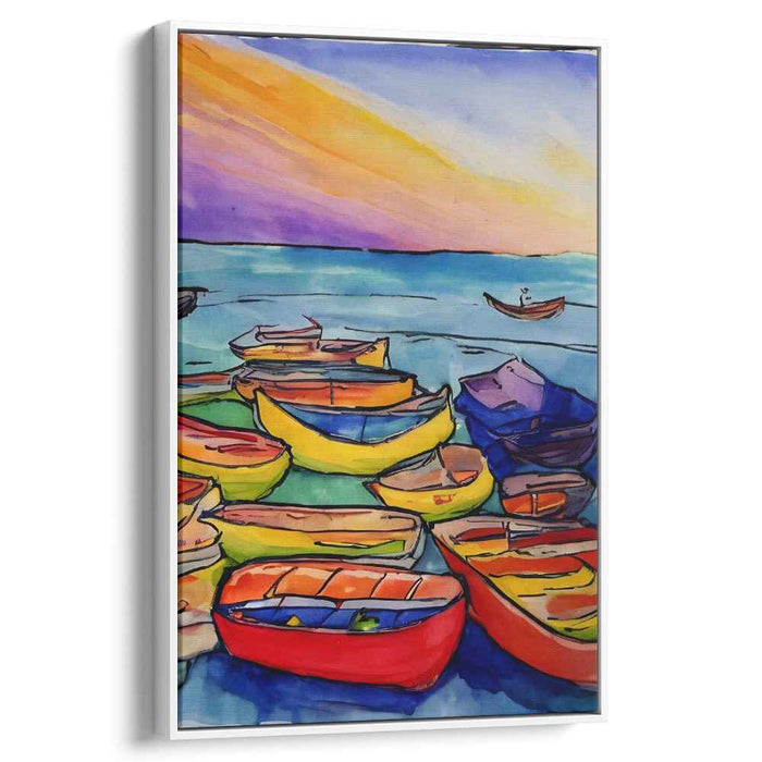 Sailing Through Stillness: Vibrant Boats on Tranquil Waters Watercolor Canvas Art