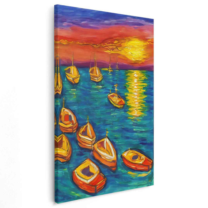 Vibrant Sunset Serenity: Colorful Boats on Tranquil Waters Canvas Art Print
