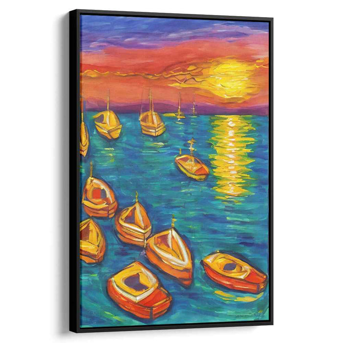 Vibrant Sunset Serenity: Colorful Boats on Tranquil Waters Canvas Art Print