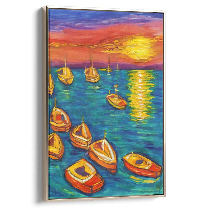 Vibrant Sunset Serenity: Colorful Boats on Tranquil Waters Canvas Art Print