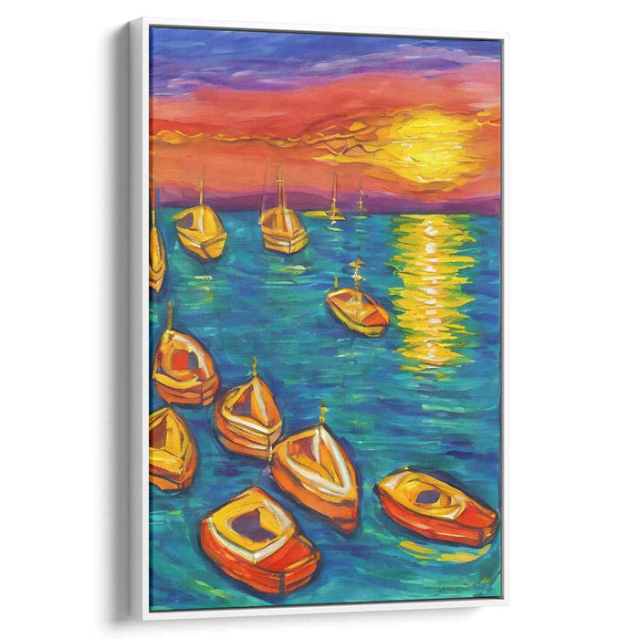 Vibrant Sunset Serenity: Colorful Boats on Tranquil Waters Canvas Art Print