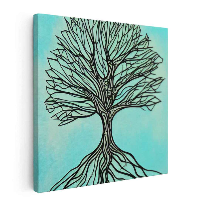 Tranquil Linework: Abstract Tree on Serene Blue Canvas Art Print