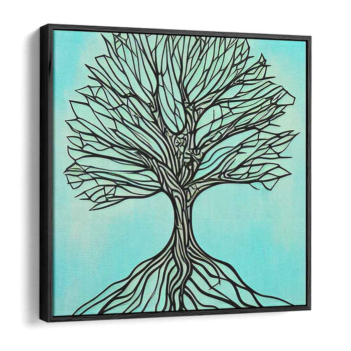 Tranquil Linework: Abstract Tree on Serene Blue Canvas Art Print