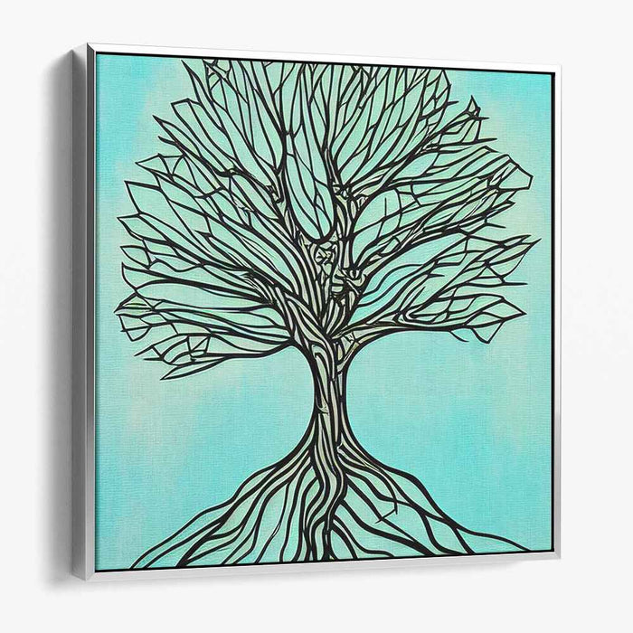 Tranquil Linework: Abstract Tree on Serene Blue Canvas Art Print