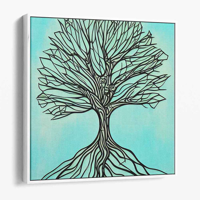 Tranquil Linework: Abstract Tree on Serene Blue Canvas Art Print