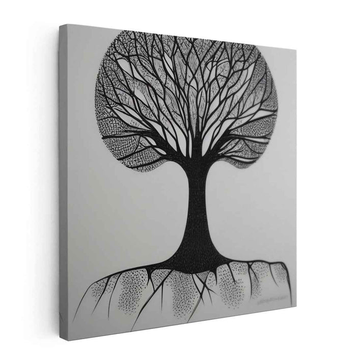 Intricate Silhouette: Black and White Tree of Life Canvas Art Print