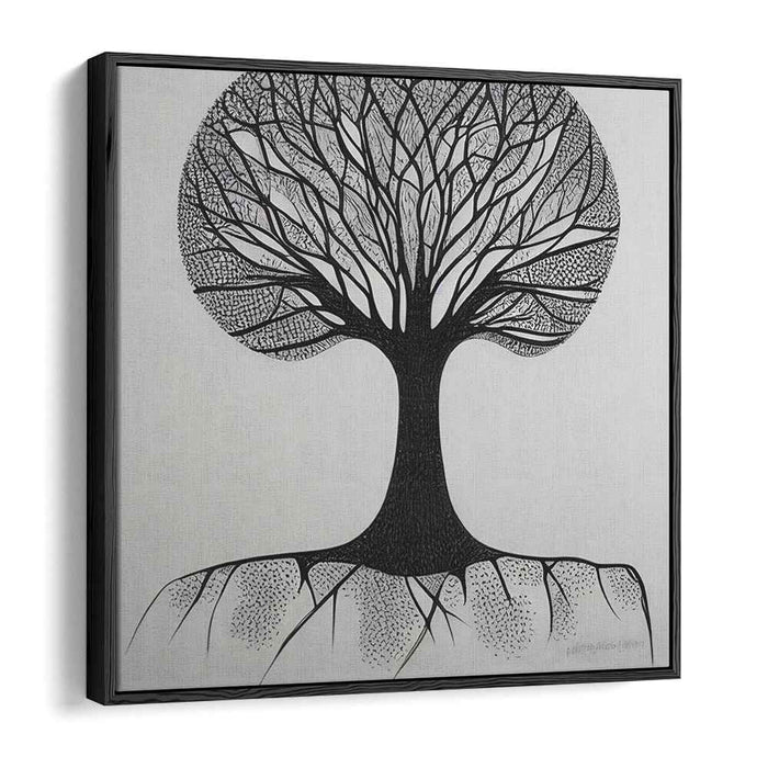 Intricate Silhouette: Black and White Tree of Life Canvas Art Print