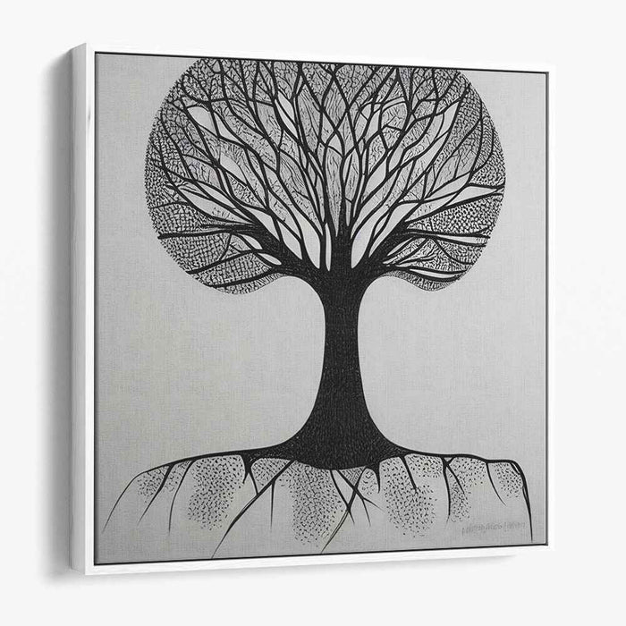 Intricate Silhouette: Black and White Tree of Life Canvas Art Print