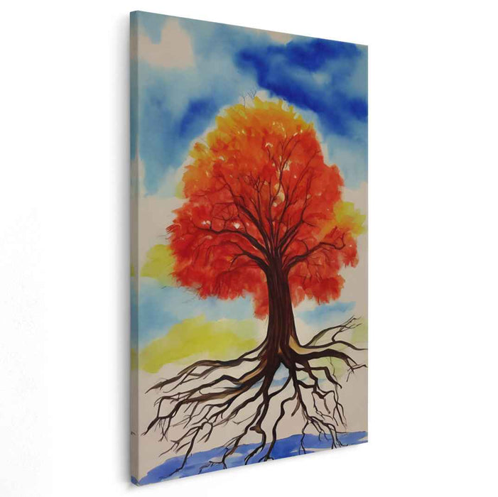 Flame Dance Forest Burst: Vibrant Tree with Fiery Foliage Watercolor Painting