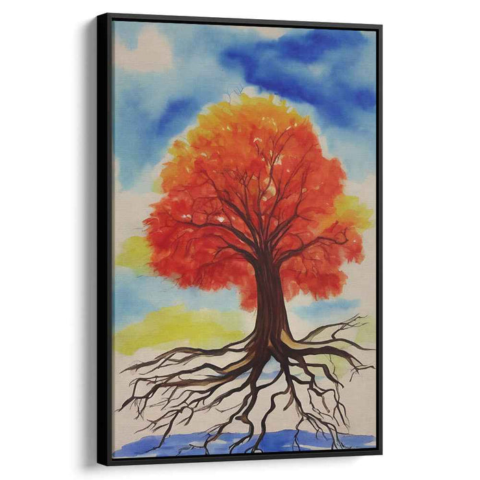 Flame Dance Forest Burst: Vibrant Tree with Fiery Foliage Watercolor Painting