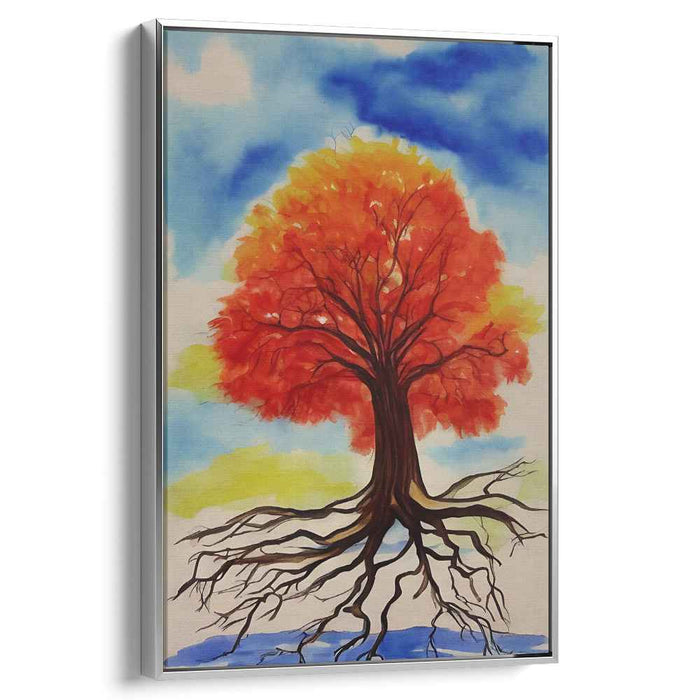 Flame Dance Forest Burst: Vibrant Tree with Fiery Foliage Watercolor Painting