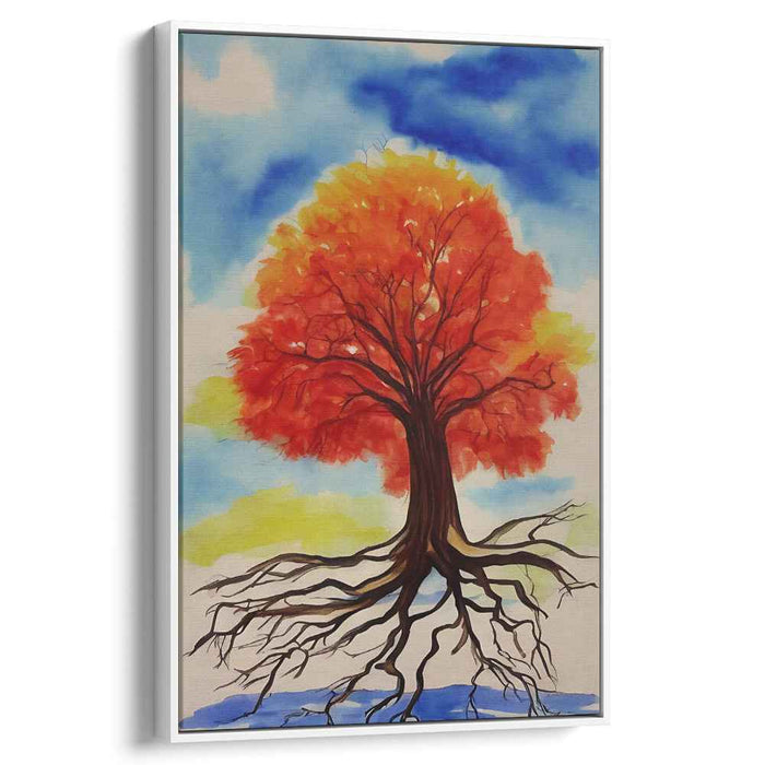 Flame Dance Forest Burst: Vibrant Tree with Fiery Foliage Watercolor Painting