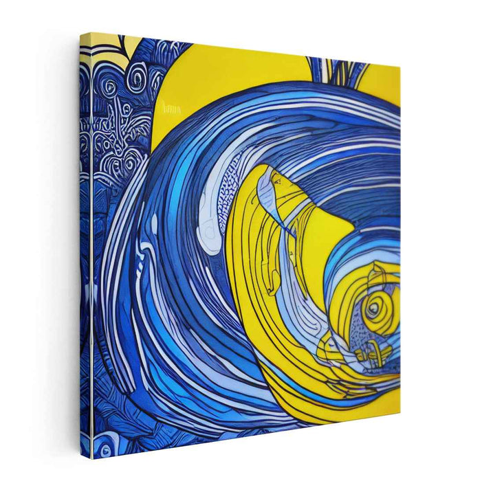 Swirling Waves: Abstract Blue and Yellow Canvas Art Print