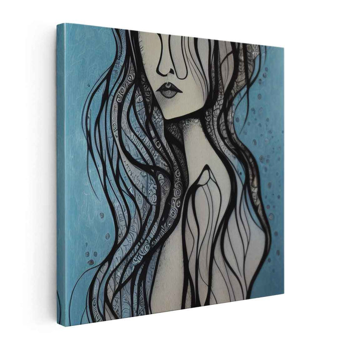 Aqua Femme Essence: Surreal Blue Woman Portrait Canvas Art Print