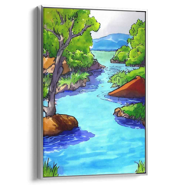 Azure Tranquility: Serene Nature Scene in Vibrant Blues and Greens