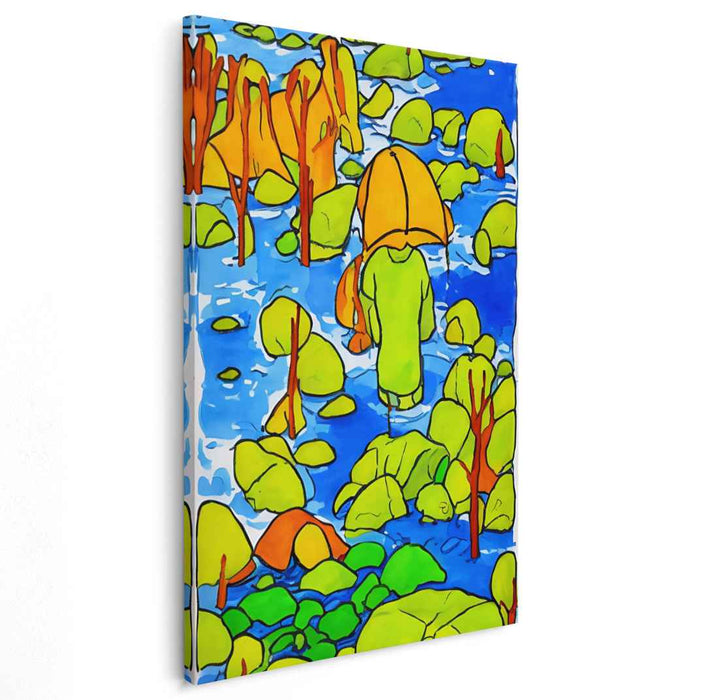 Chromatic Downpour Encounter: Colorful Fauvist-Inspired Landscape with Figure in Raincoat