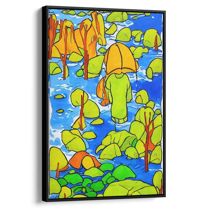 Chromatic Downpour Encounter: Colorful Fauvist-Inspired Landscape with Figure in Raincoat