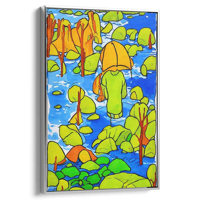 Chromatic Downpour Encounter: Colorful Fauvist-Inspired Landscape with Figure in Raincoat