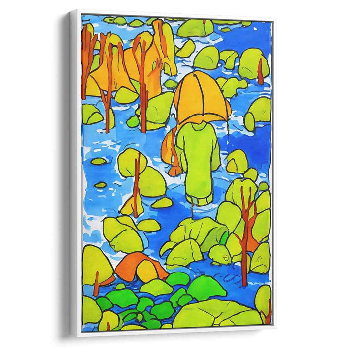 Chromatic Downpour Encounter: Colorful Fauvist-Inspired Landscape with Figure in Raincoat