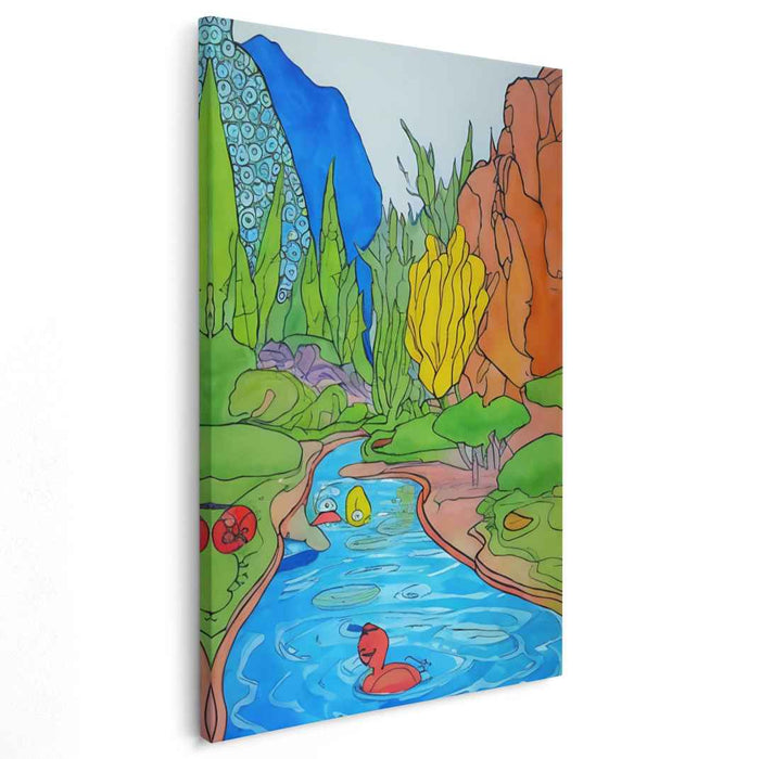 Whimsical Waters: Playful Cartoon Landscape Canvas Art Print