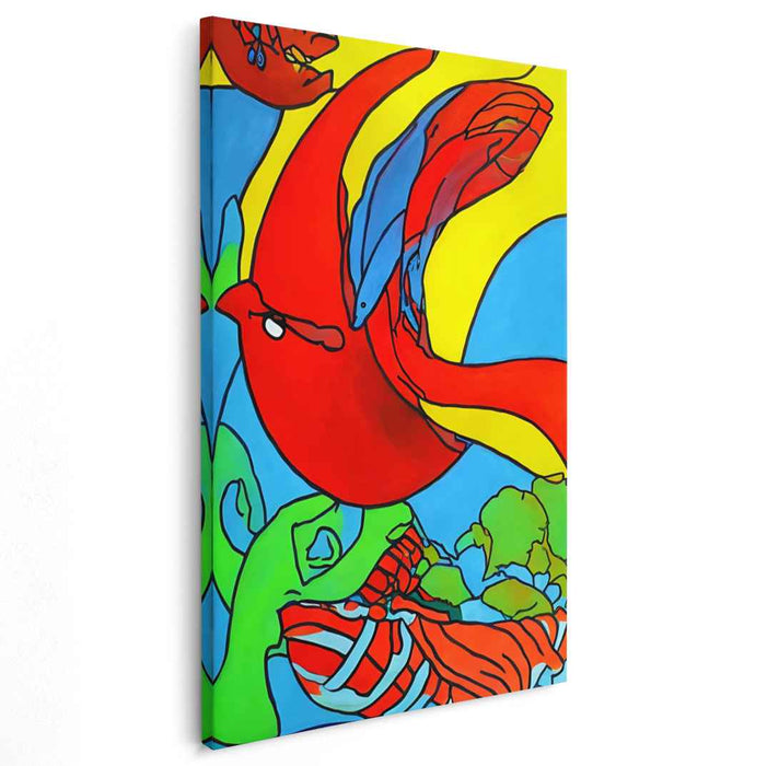 Dynamic Harmony Contrast: Abstract Expressionist Red Bird and Blue Fish Canvas Art Print