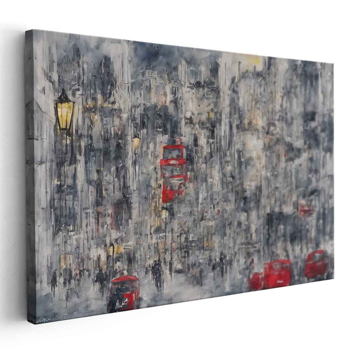 Urban Ghosts at Dawn: Red Buses in a Misty Cityscape