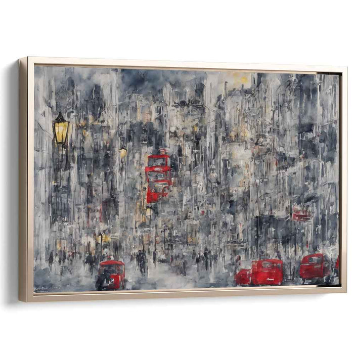 Urban Ghosts at Dawn: Red Buses in a Misty Cityscape