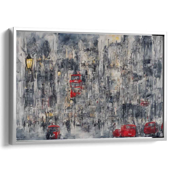 Urban Ghosts at Dawn: Red Buses in a Misty Cityscape